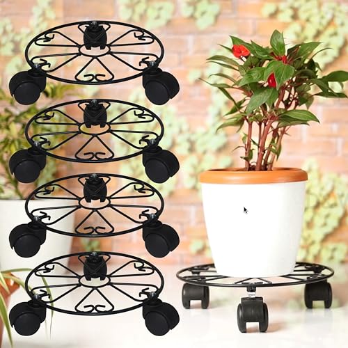 D&V ENGINEERING - Creative in innovation D&V Engineering Heavy Duty Metal Plant Stand with Wheels | 50 kg Load Capacity | Powder Coated Round Black Plant Pot Trolley for Indoor, Outdoor, Balcony & Garden | Pack of 4 - Image 1