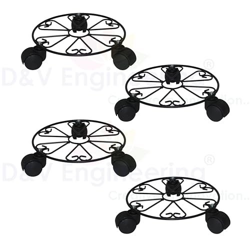 D&V ENGINEERING - Creative in innovation D&V Engineering Heavy Duty Metal Plant Stand with Wheels | 50 kg Load Capacity | Powder Coated Round Black Plant Pot Trolley for Indoor, Outdoor, Balcony & Garden | Pack of 4 - Image 3