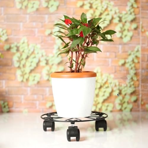 D&V ENGINEERING - Creative in innovation D&V Engineering Heavy Duty Metal Plant Stand with Wheels | 50 kg Load Capacity | Powder Coated Round Black Plant Pot Trolley for Indoor, Outdoor, Balcony & Garden | Pack of 4 - Image 5