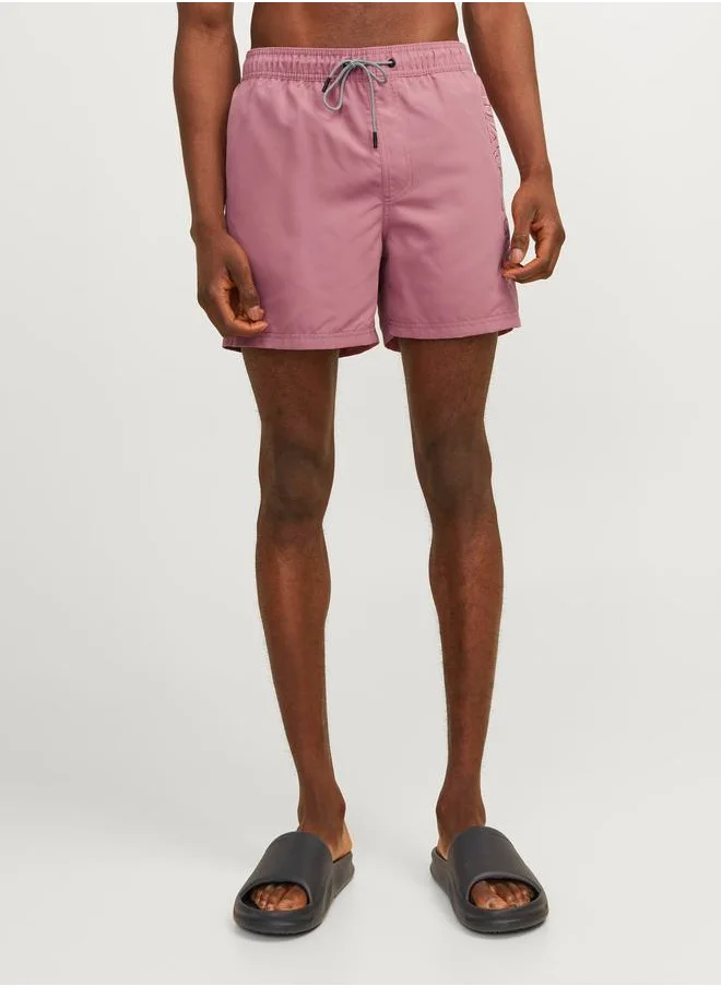 جاك اند جونز Double Logo Print Swim Shorts with Drawstring Waistband