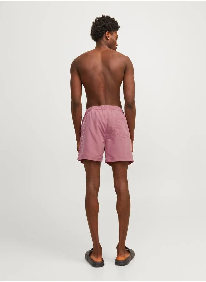 جاك اند جونز Double Logo Print Swim Shorts with Drawstring Waistband