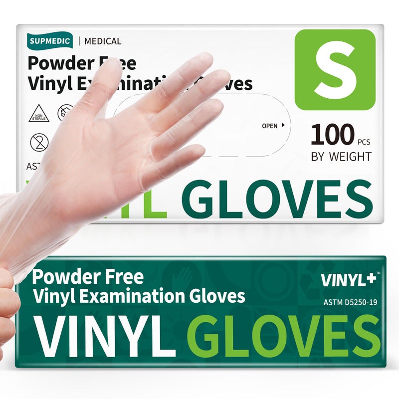 Supmedic Vinyl Disposable Exam Gloves, Clear 4 Mil Powder-Free Latex-Free Medical Food-Safe Cooking Cleaning Glove, 100 Pcs (Small) - Image 1