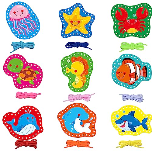 SpriteGru 9 Pieces Kids Lacing Cards Double Sided Sewing Cards in 9 Marine Animal Cards with 9 Colorful Laces Imagination Development Lacing Toys Games for Children Educational and Learning Activity - Image 1