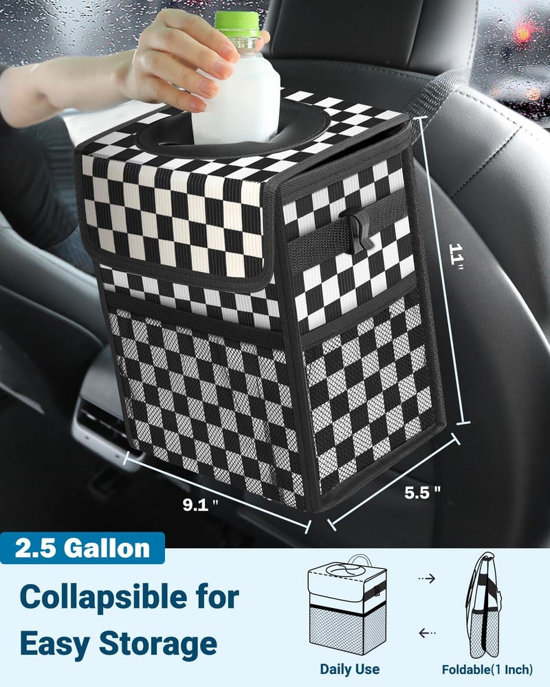 Capolo Car Trash Can with Lid, Leakproof Car Trash Bag Hanging Waterproof Automotive Garbage Can with Storage Pockets Mini Vehicle Trash Bin for Back/Front Seat(Corduroy Black Checkerboard,2.5 Gallon) - Image 2