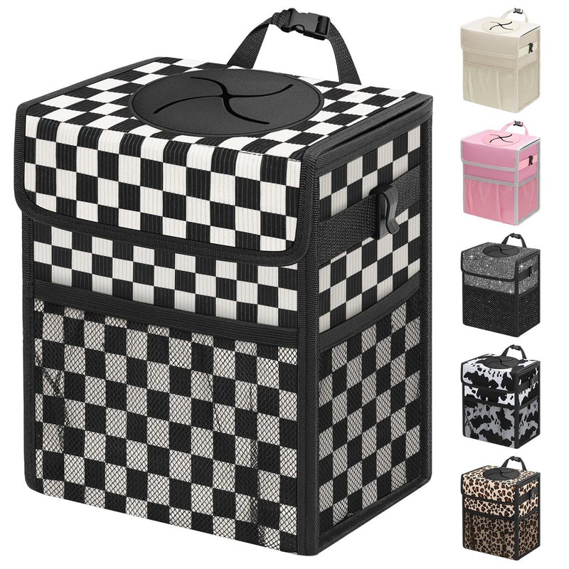Capolo Car Trash Can with Lid, Leakproof Car Trash Bag Hanging Waterproof Automotive Garbage Can with Storage Pockets Mini Vehicle Trash Bin for Back/Front Seat(Corduroy Black Checkerboard,2.5 Gallon) - Image 1