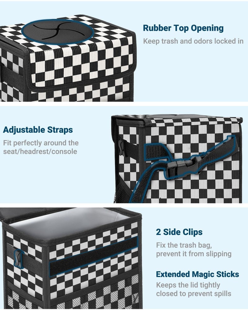 Capolo Car Trash Can with Lid, Leakproof Car Trash Bag Hanging Waterproof Automotive Garbage Can with Storage Pockets Mini Vehicle Trash Bin for Back/Front Seat(Corduroy Black Checkerboard,2.5 Gallon) - Image 3