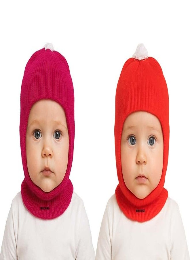 MIKONIKO Baby Boy's & Baby Girl's Soft Woolen Monkey Cap Pack of 2 (Pink & Red, 2-3 Years) - Image 1
