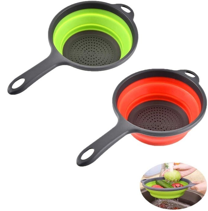 2 PACK KITCHEN FOLDABLE SILICONE STRAINER COLANDERS COLLAPSIBLE COLANDERS WITH HANDLES SPACESAVER FOLDING STRAINER COLANDER FOR DRAINING PASTA VEGETABLE GREEN AND RED