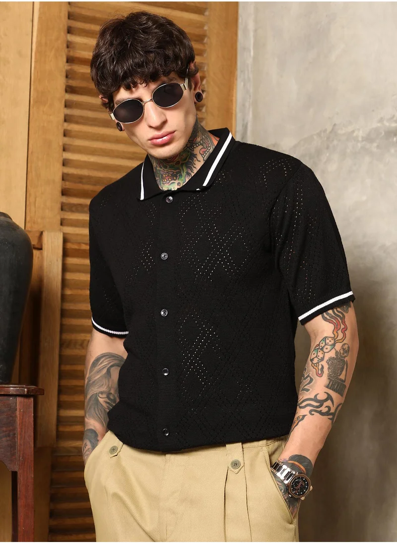 كامبوس سوترا Men's Onyx Black Logenze Open-Knit Shirt For Casual Wear | Polo Neck | Short Cuffed Sleeves | Button Closure | Shirt Crafted With Comfort Fit For Everyday Wear