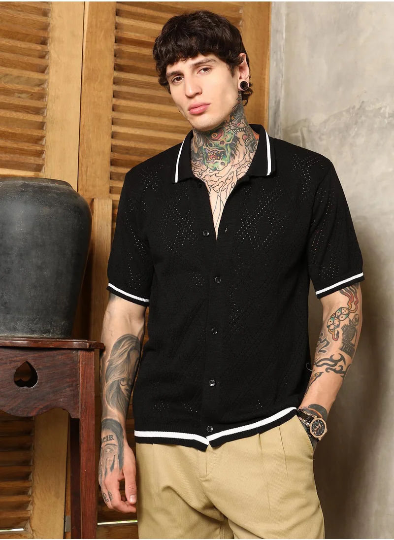 كامبوس سوترا Men's Onyx Black Logenze Open-Knit Shirt For Casual Wear | Polo Neck | Short Cuffed Sleeves | Button Closure | Shirt Crafted With Comfort Fit For Everyday Wear