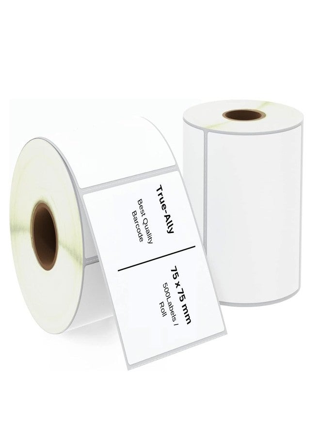 True-Ally ملصقات باركود مربعة الشكل بتقنية النقل الحراري (كرومو) من ترو-ألي 75x75 - 3 × 3 بوصة - 75 مم × 75 مم - 500 ملصق/لفة - لاصق ذاتي أبيض لطباعة الباركود (2) - Image 1