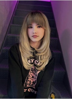 Ombre Brown to Honey Blonde Wigs with Bangs, Natral Looking Synthetic Hair Wig 20 inch, Straight Wigs, Glueless Best Wig for White Women, LANOVA-190
