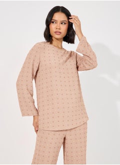 Styli Dobby Longline Top & Wide Leg Pants Modest Set  - Image 2