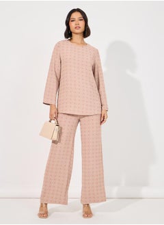 Styli Dobby Longline Top & Wide Leg Pants Modest Set  - Image 1