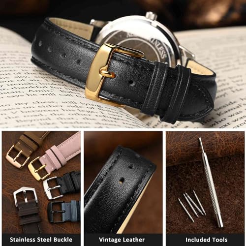 WOCCI 20mm Vintage Leather Watch Band for Men and Women, Gold Buckle (Black) - Image 4