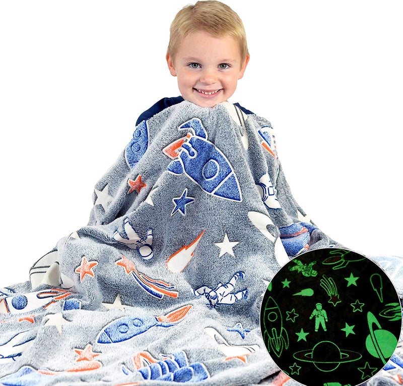 BLiSS HUES Glow in The Dark Blanket Gifts for Toddler Kids Teen Girls|Bedroom Décor, Lightweight Throw Blankets|Soft Cozy Fluffy Luminous Throw Blanket - Grey Rocket - Image 1