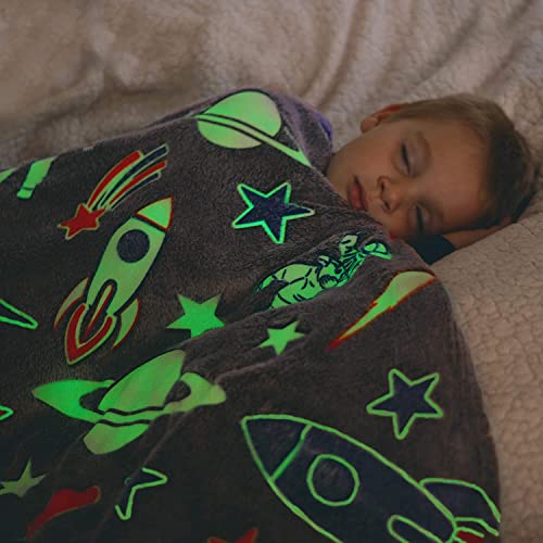 BLiSS HUES Glow in The Dark Blanket Gifts for Toddler Kids Teen Girls|Bedroom Décor, Lightweight Throw Blankets|Soft Cozy Fluffy Luminous Throw Blanket - Grey Rocket - Image 4