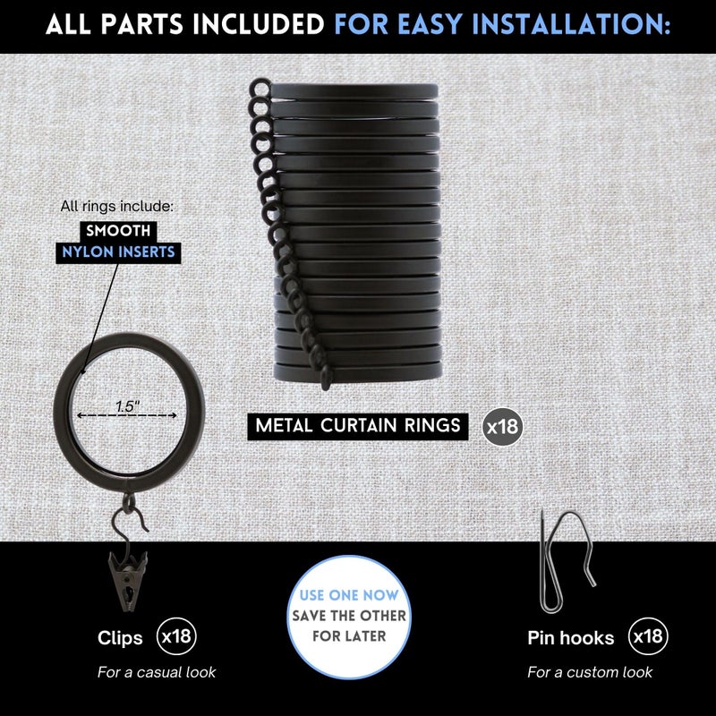 BlastHomeÂ® Luxury Curtain Rings â€“ Premium Metal - Quiet, Smooth, Removable Nylon Inserts â€“ Pinhooks & Clips Included â€“ 1 1/2" Inside Diameter â€“ 18 Rings for Two Standard Curtains â€“ Brushed Dark Brown - Image 4