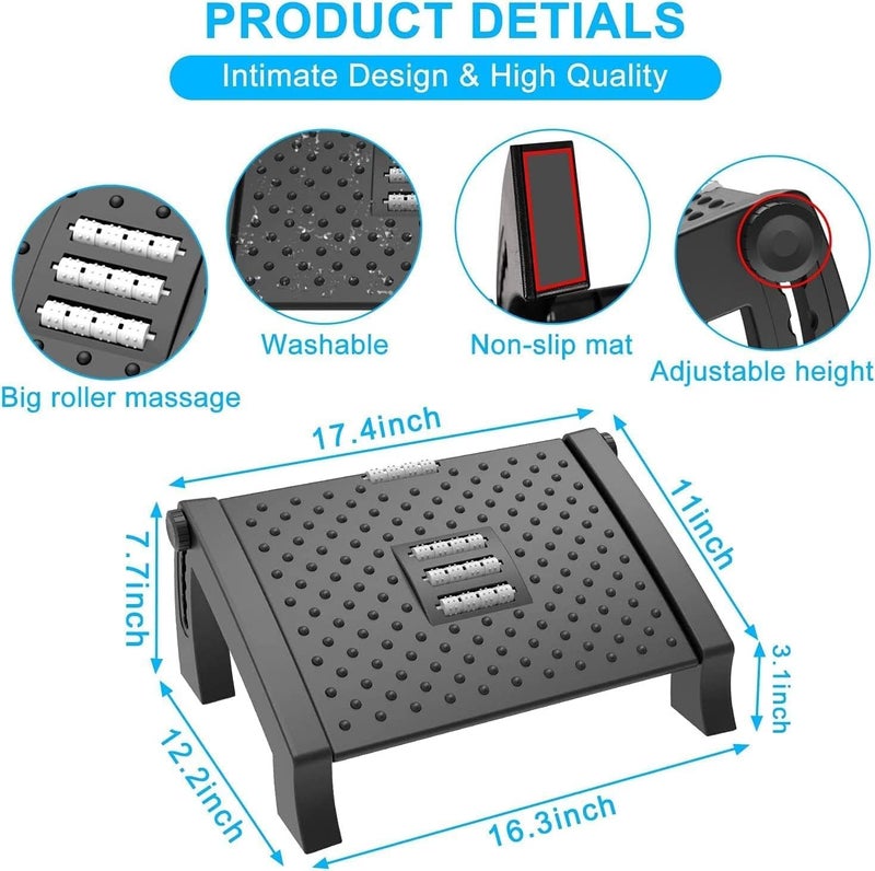 Snailax Snailax Adjustable Foot Rest for Office Chair with Massage Texture and Roller Ergonomic Footrest Under Desk with 6 Heights Leg Resting Stool for Home Office Table and Sofa BLACK  - Image 2