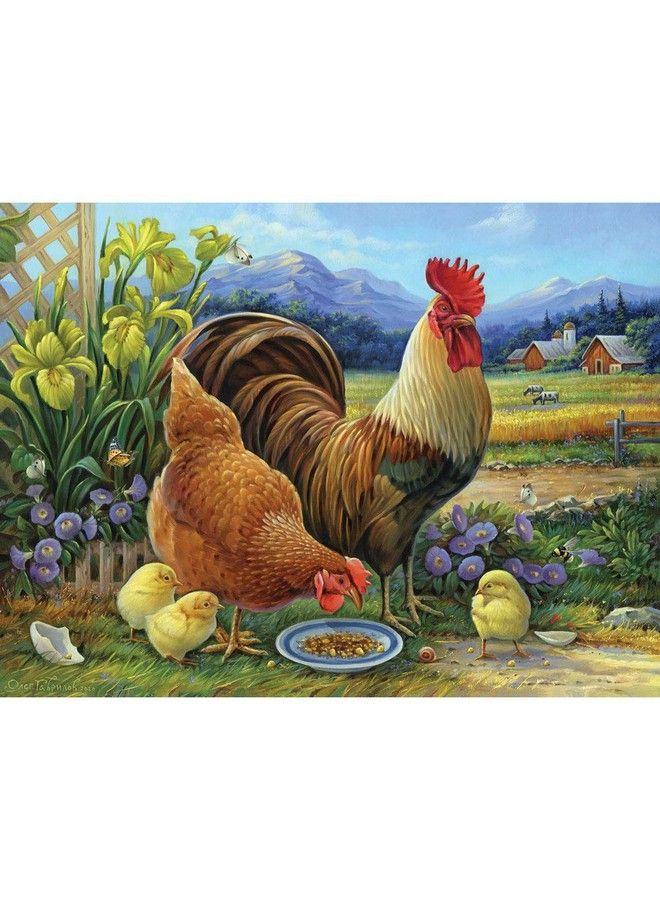 Bits and Pieces 500 Piece Jigsaw Puzzle For Adults 18" X 24" Amber Rooster And Family 500 Pc Hen Chicks Lunch Farm Country Flower Barn Jigsaw By Artist Oleg Gavrilov - Image 2