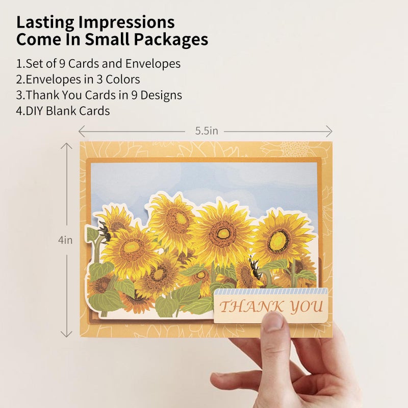 CREATIVETREES Card Making Kits Greeting Cards DIY Sunflower Thank You Cards with Envelopes, 9 Sets, Includes Wedding Thank You Cards, Sunflower Birthday Cards - Image 2