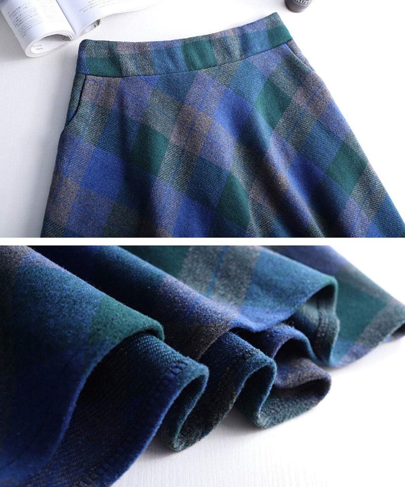 ebossy Women's Vintage High Waist Wool Blend Plaid A-Line Long Maxi Skirt with Pocket (Medium, Blue) - Image 4