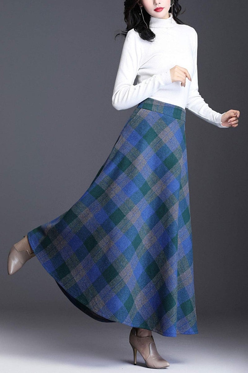 ebossy Women's Vintage High Waist Wool Blend Plaid A-Line Long Maxi Skirt with Pocket (Medium, Blue) - Image 2