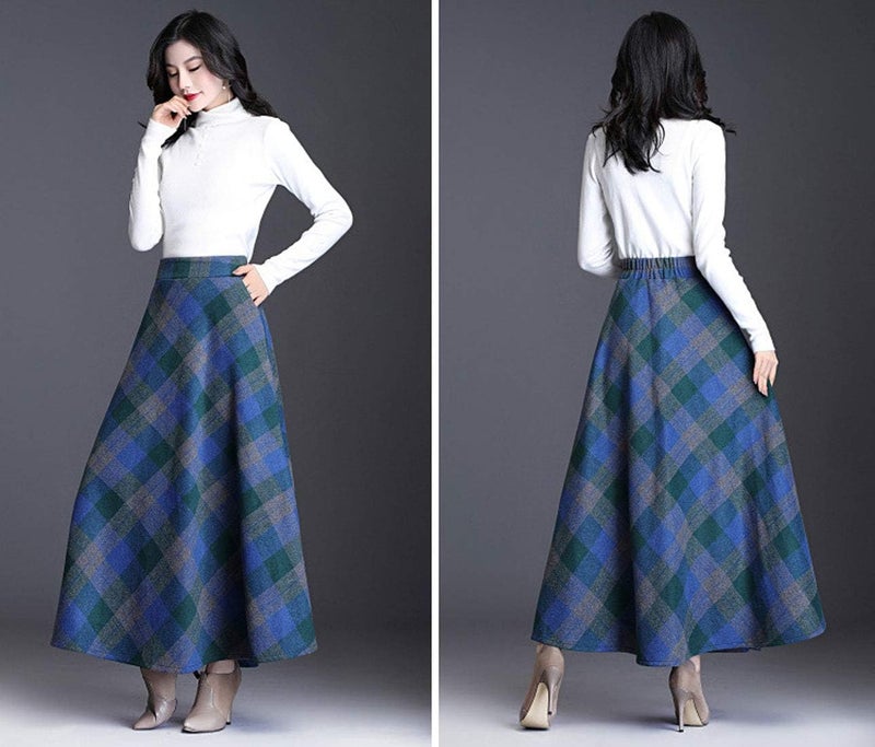 ebossy Women's Vintage High Waist Wool Blend Plaid A-Line Long Maxi Skirt with Pocket (Medium, Blue) - Image 3