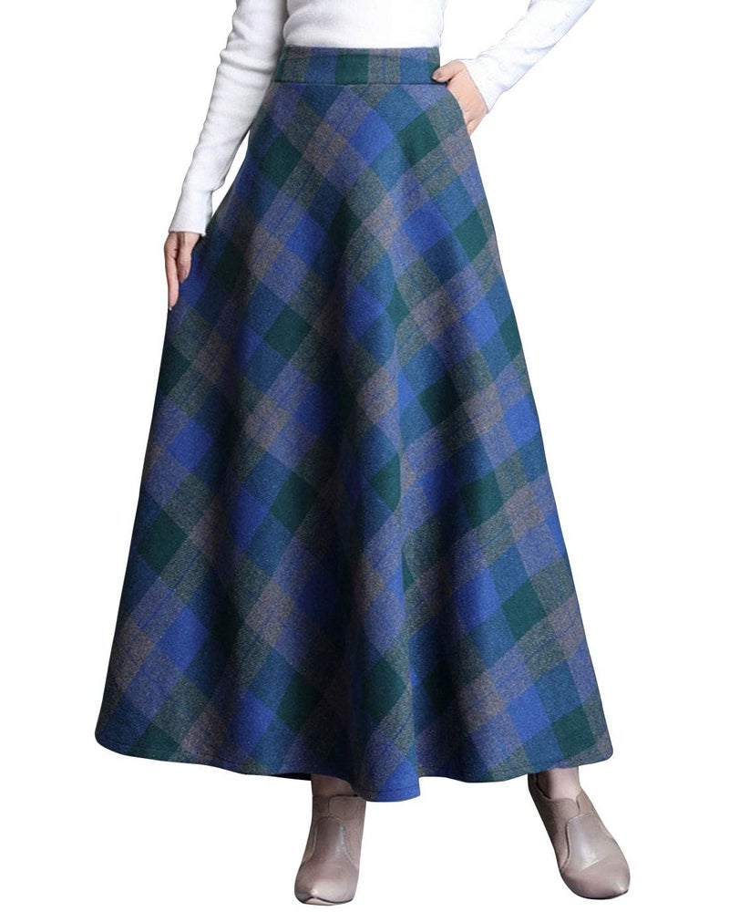 ebossy Women's Vintage High Waist Wool Blend Plaid A-Line Long Maxi Skirt with Pocket (Medium, Blue) - Image 1