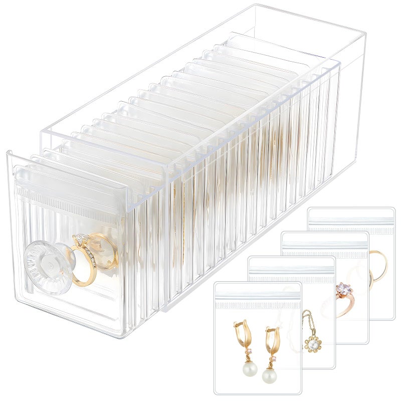 HOMEHIVE Clear Acrylic Jewelry Organizer Box with 20 Portable Pouches, Jewelry Storage Case for Women Girls, Tangle-Free, Anti-Tarnish, Compact Storage for Necklaces/Earrings/Rings, Upgraded Clear - Image 1