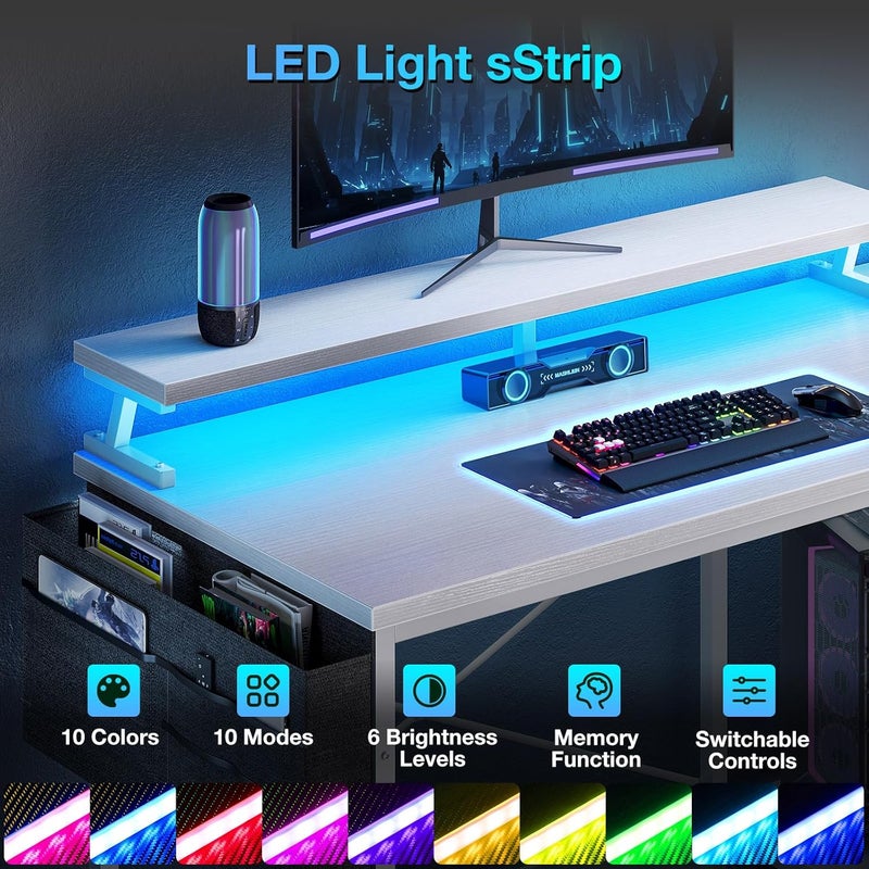 Coleshome L Shaped Gaming Desk with LED Lights, 100 × 70 cm Computer Desk with Power Outlet, Reversible Corner Gaming Table with Storage Shelves & Monitor Stand, White - Image 4
