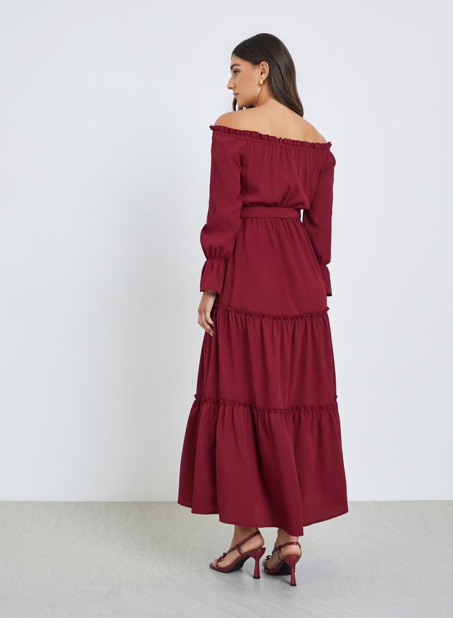 Styli Maroon Off Shoulder Tiered Maxi Dress - Image 5