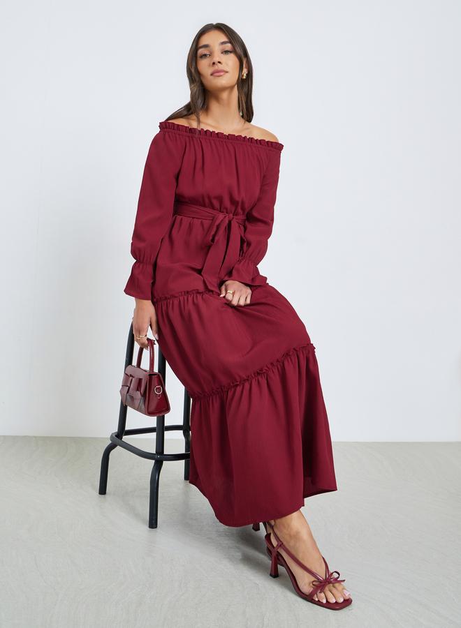 Styli Maroon Off Shoulder Tiered Maxi Dress - Image 1