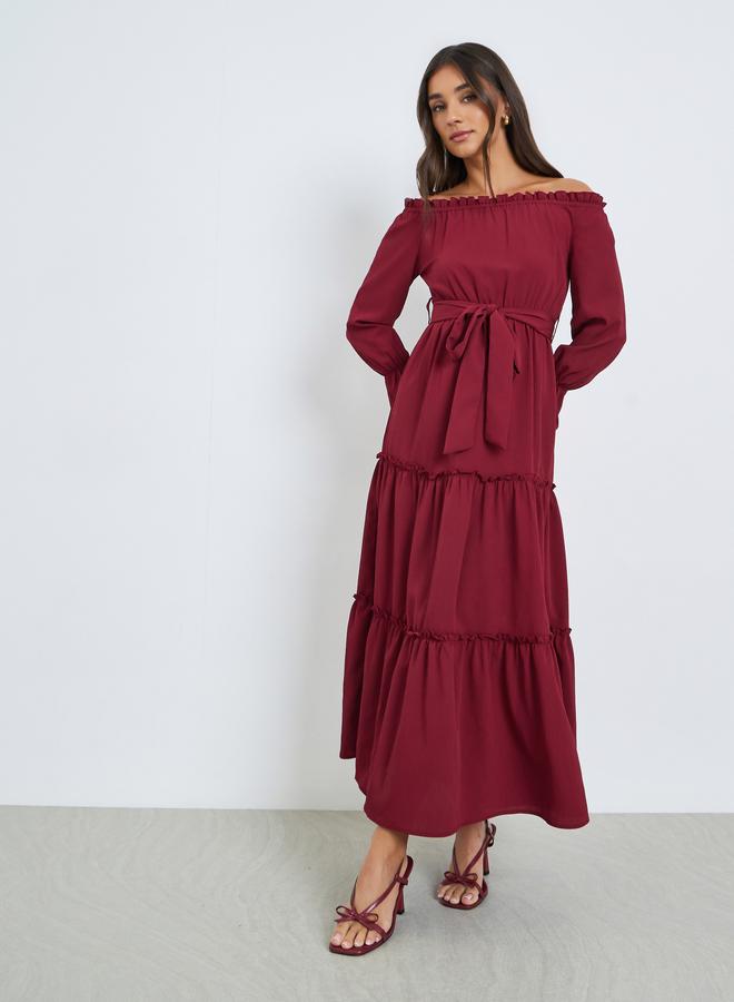 Styli Maroon Off Shoulder Tiered Maxi Dress - Image 3