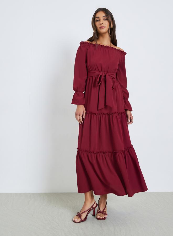 Styli Maroon Off Shoulder Tiered Maxi Dress - Image 2