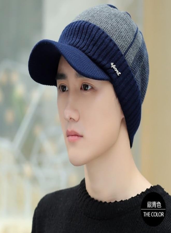 Alexvyan 1 Set Hat Style Soft Cap and Scarf Imported warm Snow and Air Proof Fleece Knitted Cap (Inside Fur) Woolen Beanie Winter Cap With Scarf for Men Boy Male (Blue Hat) - Image 3