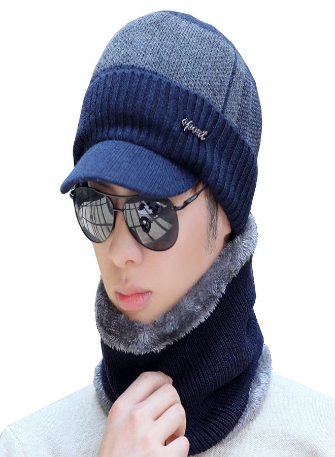 Alexvyan 1 Set Hat Style Soft Cap and Scarf Imported warm Snow and Air Proof Fleece Knitted Cap (Inside Fur) Woolen Beanie Winter Cap With Scarf for Men Boy Male (Blue Hat) - Image 1