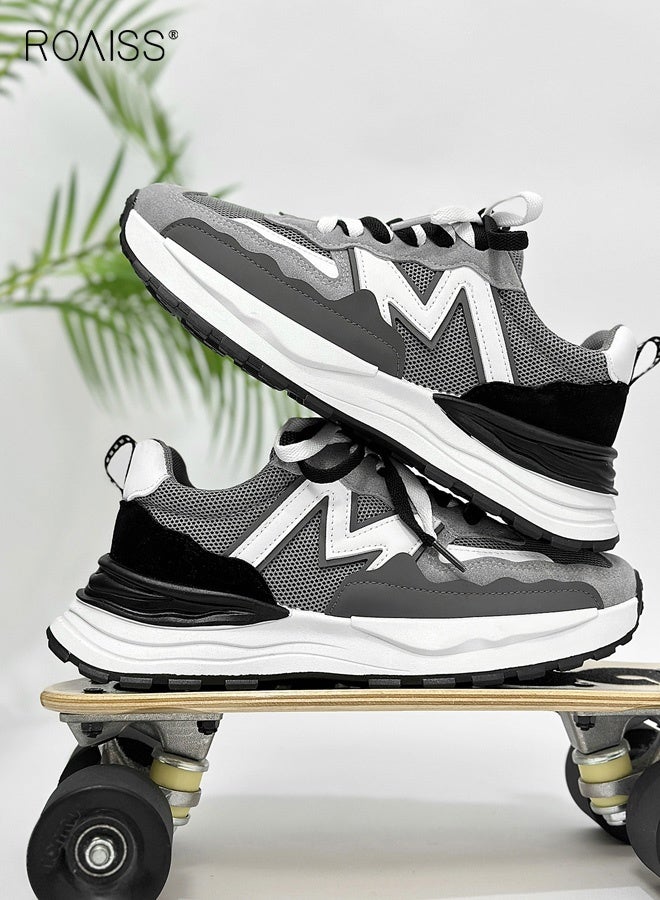 رويس حذاء رياضي رجالي كاجوال للطلاب، منخفض القطع، ذو مقدمة مستديرة، برباط، مناسب للجري، بنعل شبكي سميك وعصري، يوفر تهوية ممتازة، ونعل ناعم مانع للانزلاق ومقاوم للتآكل، لون رمادي - Image 2