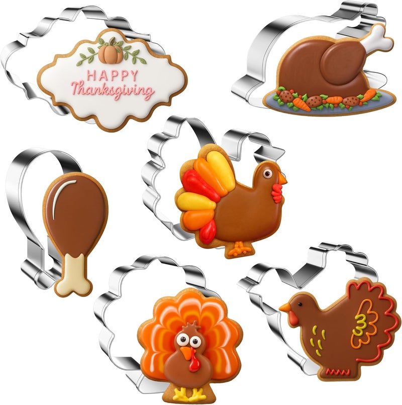 FUSOTO 6PCS Thanksgiving Turkey Cookie Cutters Set, Holiday Cookie Cutter Thanksgiving Turkey Shapes for Baking-Turkey, Chicken Leg, Fall Cookie Cutters for Homemaking Cookie - Image 1