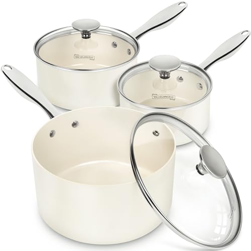 MICHELANGELO Sauce Pan Sets  Ceramic Sauce Pan with Lid Nonstick Saucepan Set 1Qt  2Qt  3 Qt Small Pots for Cooking NonToxic Sauce Pot White