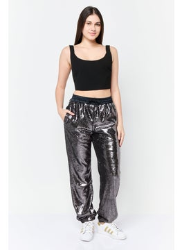 ESPRIT Women Regular Fit Straight Leg Sequined Pants, Black  - Image 4