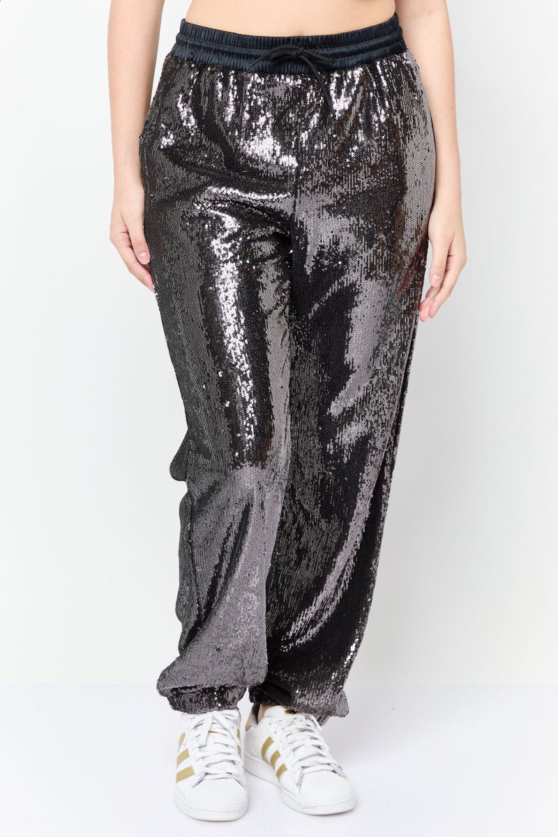 ESPRIT Women Regular Fit Straight Leg Sequined Pants, Black - Image 1