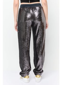 ESPRIT Women Regular Fit Straight Leg Sequined Pants, Black  - Image 3