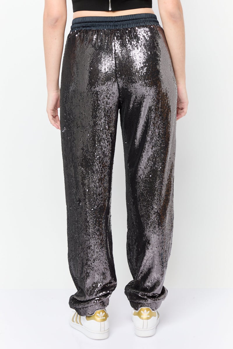 ESPRIT Women Regular Fit Straight Leg Sequined Pants, Black - Image 3