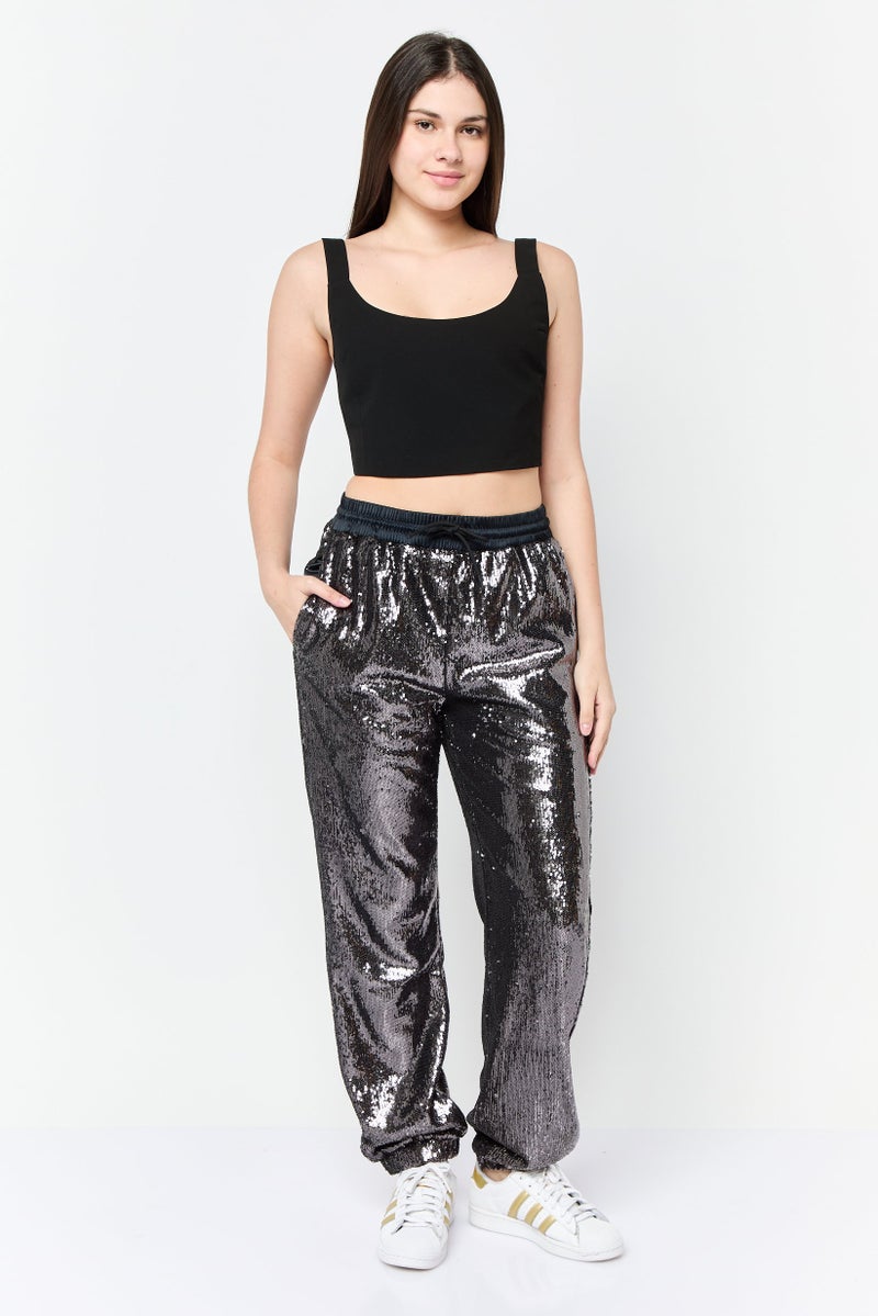 ESPRIT Women Regular Fit Straight Leg Sequined Pants, Black - Image 4