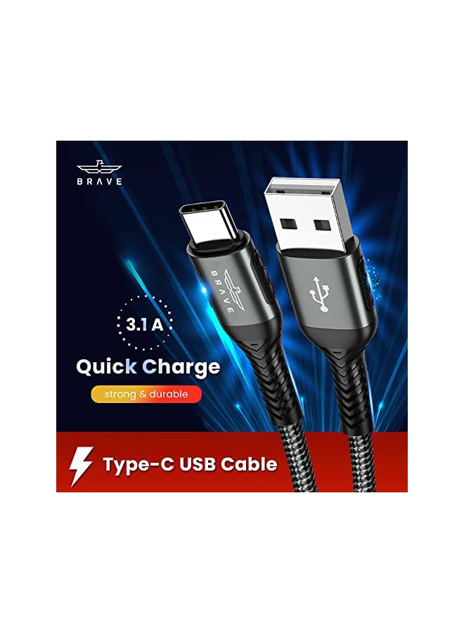 Brave كابل بيانات مضفر USB Type C بقوة 30W شاحن سريع 3.1A لهواتف Huawei P40 USB C وكابل بيانات لهواتف Xiaomi Mi وSamsung (1.2M، USB إلى C 30W،) (أسود) - Image 3
