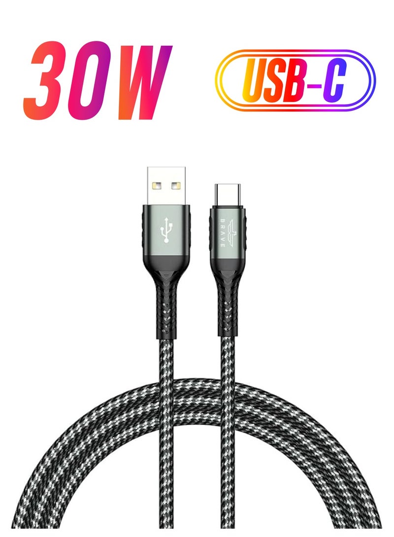 Brave كابل بيانات مضفر USB Type C بقوة 30W شاحن سريع 3.1A لهواتف Huawei P40 USB C وكابل بيانات لهواتف Xiaomi Mi وSamsung (1.2M، USB إلى C 30W،) (أسود) - Image 1