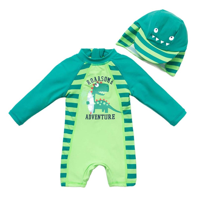 upandfast Kids One Piece Zip Sunsuit with Sun Hat UPF 50+ Sun Protection Baby Beach Swimsuit (Dinosaur, 6-9 Months) - Image 1
