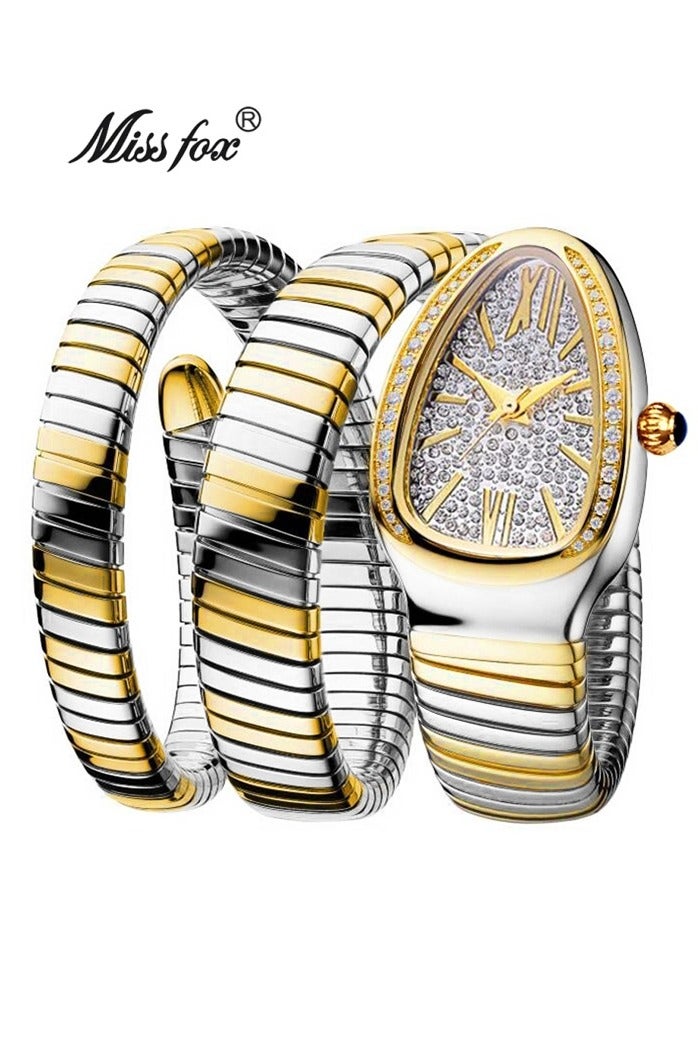 MISS FOX Triple Wrap Bracelet Watch Luxury Gold Silver Snake Watches Women Fashion Brands MISSFOX Bling Diamond Quartz WristWatch Waterproof AAA Clock Lady Hot Gift