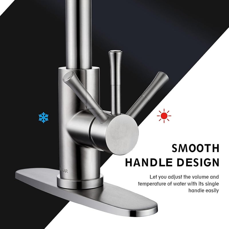 GUUKAR Kitchen Faucet with Pull Down Sprayer Brushed Nickel Stainless Steel Single Handle Modern Kitchen Sink Faucet with Deck Plate - Image 4